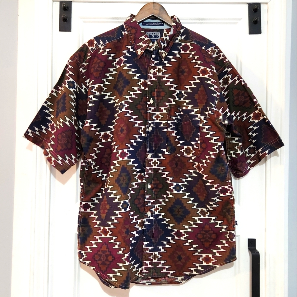 Drummer Boy Men L Aztec Print Button Up Pocket Collar Shirt Short Sleeve Cotton